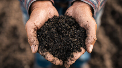 Close-up of a farmer's hands holding rich black soil--highlighting the connection to the earth and sustainable agriculture