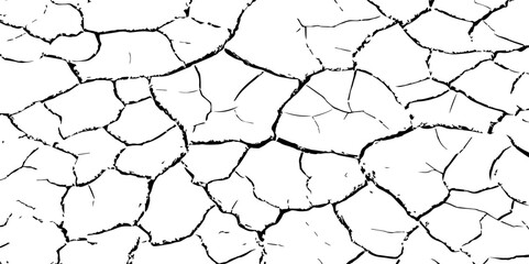 Cracked dry earth texture in high contrast black and white, resembling parched soil or desert floor. Ideal for backgrounds, nature-themed designs, or illustrating drought and environmental concepts.