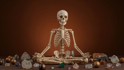 Skeleton practicing yoga with crystal embellishments, spooky Halloween decor featuring owl accents