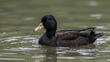 Obraz premium Black duck from the Pacific region, a type of dabbling waterfowl, drinking water
