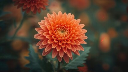 Orange chrysanthemum in sharp focus with a muted, blurred background