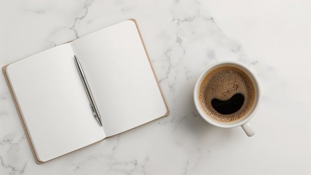 Marble tabletop featuring an open notebook, pen, and coffee mug - Powered by Adobe