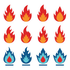 Collection of Fire Flame Icons in Red and Blue Colors on White Background