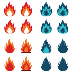 Collection of Fire and Flame Icons in Red and Blue Colors