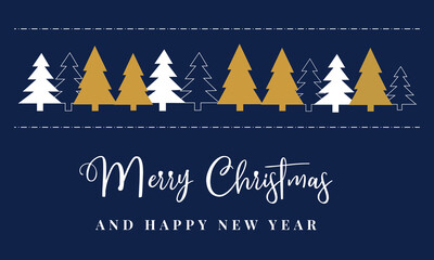 Elegant Merry Christmas and Happy New Year Greeting Card with Gold and White Trees on Dark Blue Background