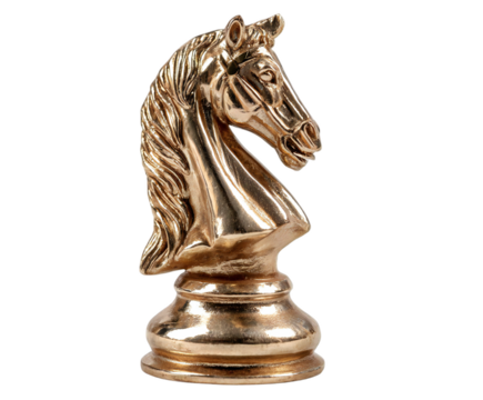 Elegant golden knight chess piece sculpture featuring intricate details, illuminated and isolated on transparent background