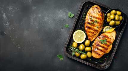 Grilled chicken breast accompanied by green olives, lemon, and herbs on a black tray--top-down view with room for text