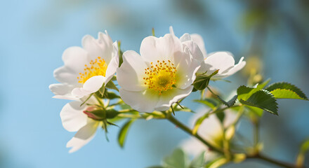 Obraz premium Close-up of White Wild Rose Flowers Blooming in Sunlight high quality