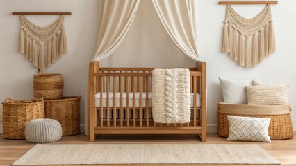Boho Nursery Cozy nursery featuring a wooden crib, woven baskets, and textured wall hangings in neutral tones.