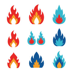 Various flames in red and blue isolated on white background