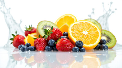 Freshly cut fruits in a splash of water - strawberries, blueberries, orange slices, lemon slices, and kiwi slices. A healthy diet advertisement.
