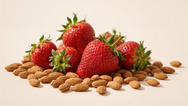 Breakfast featuring raw almonds and ripe strawberries