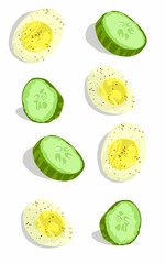 Cucumber slices and boiled eggs sprinkled with black pepper