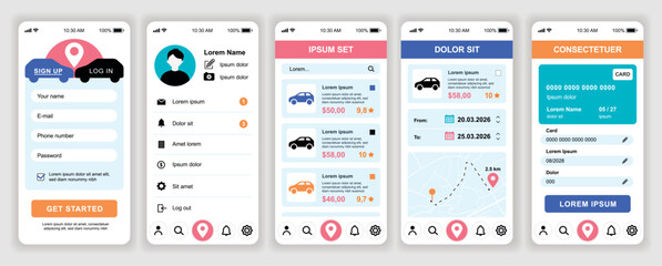 Car booking mobile app interface templates set. Web design kit with phone display, account, transport order, map, online tracking, payment. Pack of UI, UX, GUI screens for application. Vector design.
