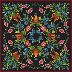Scarf floral vector pattern from flowers and herbs on a black background