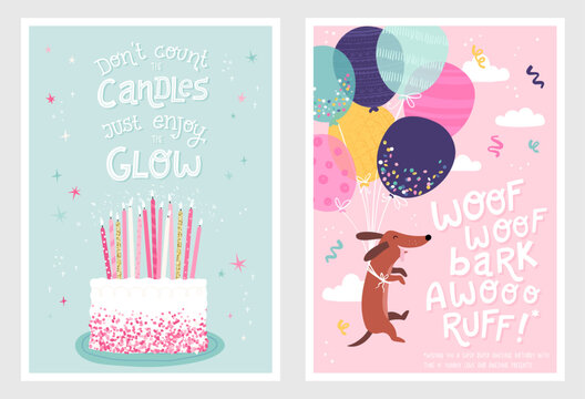 Set of birthday postcards with  confetti, balloons, candles, a cute doggy and hand writing. Invitations, happy birthday. Vector templates great for card, poster, flyer or banner