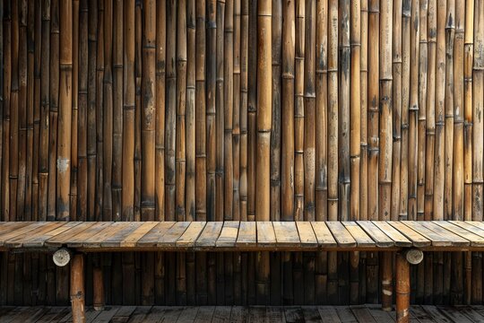 stylist and royal Empty wooden table and bamboo fence or wall texture background room interior background,