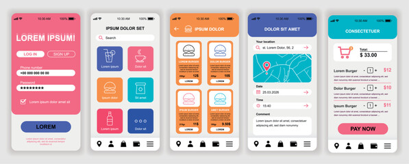 Delivery food mobile app interface templates set. Web design kit with phone display, account, restaurant menu, order, online map, payment. Pack of UI, UX, GUI screens for application. Vector design.