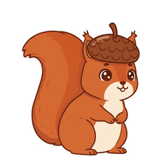 Naklejka premium Adorable Cartoon Squirrel Wearing Acorn Hat, Sitting Pose, Orange Fur, Big Eyes