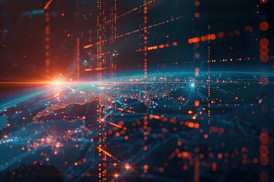 stylist and royal Flying earth network interface on blue background, Global network connection,