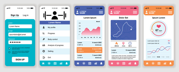 Fitness workout mobile app interface templates set. Web design kit with phone display, sport statistic, running map, cardio tracking, data. Pack of UI, UX, GUI screens for application. Vector design.