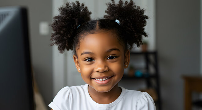 Smiling cute little african american girl with two pony tails looking at camera. Portrait of happy female child at home. Smiling face a of black 4 year old girl looking at camera with afro puff hair. - Powered by Adobe