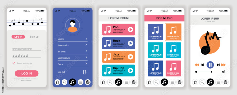Poster music player mobile app interface templates set. web design kit with phone display, menu, song playl