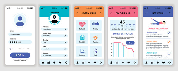 Fitness workout mobile app interface templates set. Web design kit with phone display, menu, statistic, weight lose graph, training program. Pack of UI, UX, GUI screens for application. Vector design.
