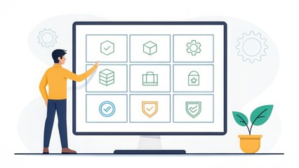 Man interacting with a digital interface displaying various service icons