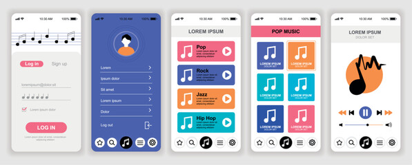 Music player mobile app interface templates set. Web design kit with phone display, menu, song playlists, albums, streaming, play audio. Pack of UI, UX, GUI screens for application. Vector design.