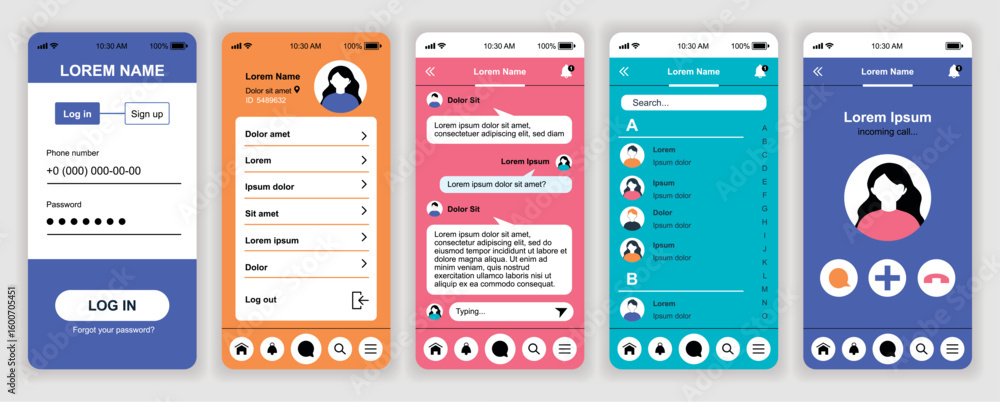 Poster online messenger mobile app interface templates set. web design kit with phone display, account info