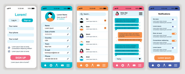 Online messenger mobile app interface templates set. Web design kit with phone display, account, menu, friends list, chat with messages. Pack of UI, UX, GUI screens for application. Vector design.