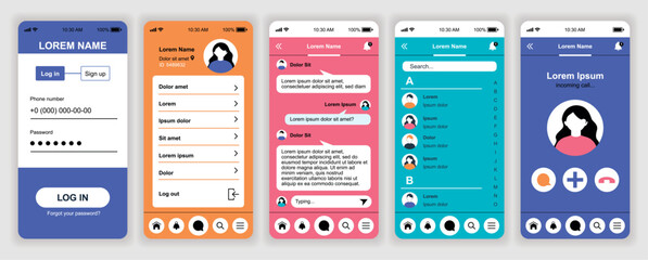 Online messenger mobile app interface templates set. Web design kit with phone display, account information, settings, chats, video call. Pack of UI, UX, GUI screens for application. Vector design.
