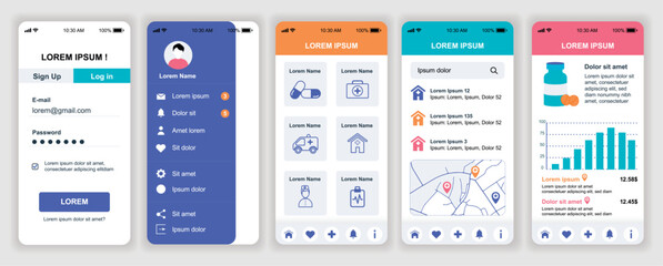 Online pharmacy mobile app interface templates set. Web design kit with phone display, account, settings, emergency help, drugstores on map. Pack of UI, UX, GUI screens for application. Vector design.
