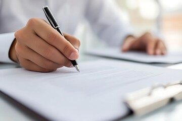 Writing Business Document with Pen for Work Agreement or Contract Signing in Office