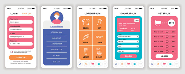 Online shopping mobile app interface templates set. Web design kit with phone display, account, store assortment, credit card payment. Pack of UI, UX, GUI screens for application. Vector design.