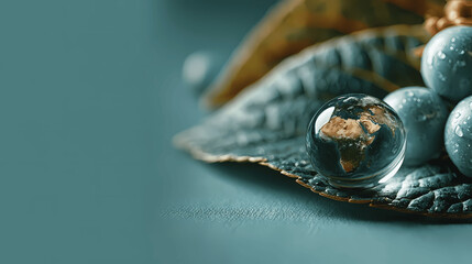 A glass globe with the earth map on a leaf, a beautiful depiction of the environment.