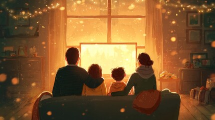 Family Gathered Together on Couch Enjoying a Cozy Evening While Watching Television in a Warmly Lit Living Room