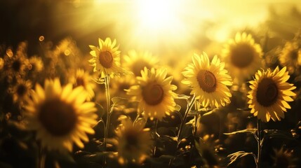 Sunlit sunflower field golden hour blooms in summer nature photography