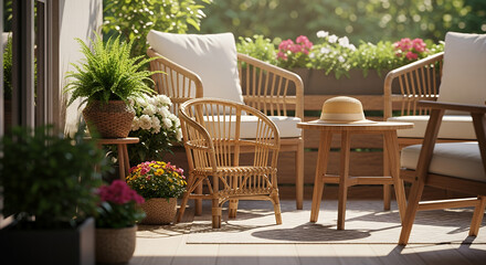 Fototapeta premium Cozy balcony with rattan furniture and flowering plants, creating a peaceful outdoor relaxation space