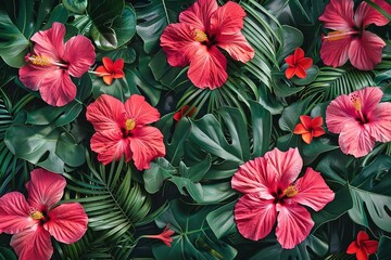 stylist and royal Hawaiian style pattern with hibiscus flowers and lush vegetation ideal for exotic backgrounds