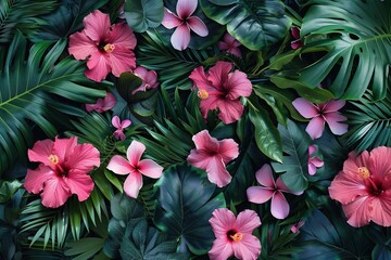 stylist and royal Hawaiian style pattern with hibiscus flowers and lush vegetation ideal for exotic backgrounds