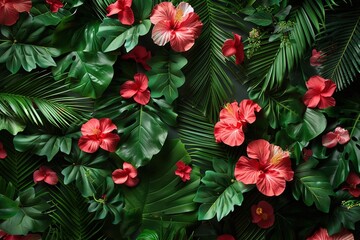 stylist and royal Hawaiian style pattern with hibiscus flowers and lush vegetation ideal for exotic backgrounds