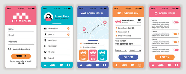 Taxi service mobile app interface templates set. Web design kit with phone display, account, online map, choose driver, order car, settings. Pack of UI, UX, GUI screens for application. Vector design.
