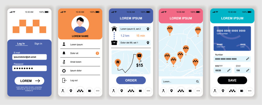Taxi service mobile app interface templates set. Web design kit with phone display, account, location route, online tracking cars, payment. Pack of UI, UX, GUI screens for application. Vector design.