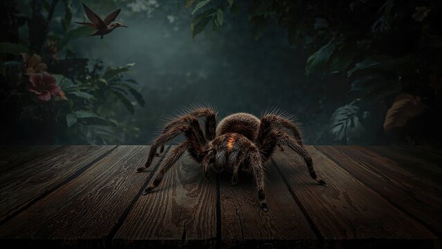 Timber surface inhabited by a Bracyphelma auratum tarantula
