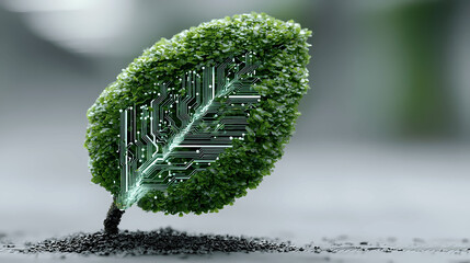 A striking visual of a circuit board integrated into a green leaf, blending technology and nature.