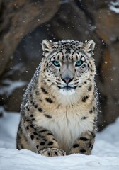 Obraz premium Majestic Snow Leopard with Piercing Blue Eyes in Snowy Landscape - Rare Wild Cat Portrait