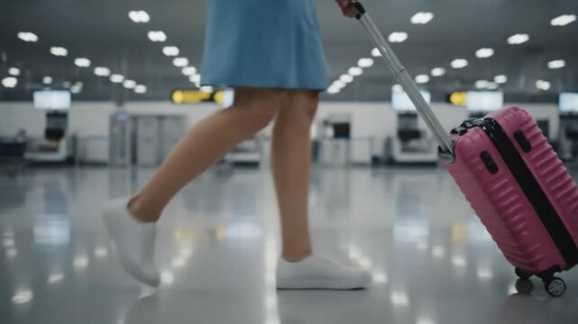 Woman pulling pink luggage in airport