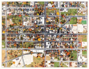 Fototapeta premium Autumnal residential neighborhood aerial view